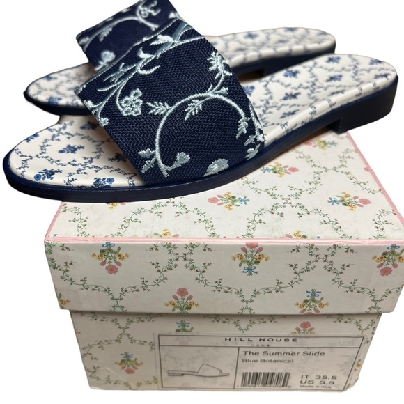 NWT Hill House The Summer Slide Blue Botanical Embroidered Navy Sandal 5.5 - Picture 4 of 6